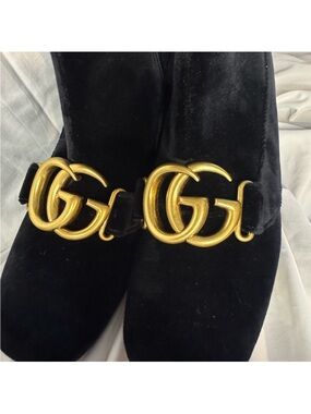 Gucci Marmont Black Velvet Ankle Boots with Gold GG